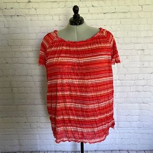FADED GLORY SHORT SLEEVE, ORANGE, ELASTIC NECK LINE, RUFFLE SLEEVES AND HEM LINE